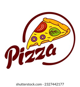 Tasty Italian pizza slice emblem. Delicious fast food meal. Illustration for cafe menu.