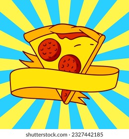 Tasty Italian pizza slice emblem. Delicious fast food meal. Illustration for cafe menu.
