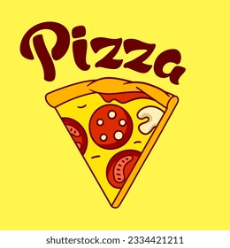 Tasty Italian pizza slice emblem. Delicious fast food meal. Illustration for cafe menu.