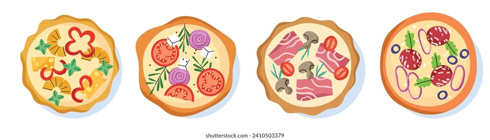 Tasty italian pizza. Top view food, dough tortillas with different fresh ingredients, toppings, margherita, pepperoni, hawaiian, vector set.eps
