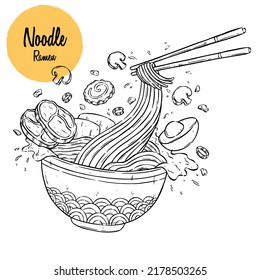 tasty japanese noodle ramen sketch flying from bowl and chopsticks  Japanese noodle  vector sketch  Asian traditional food 