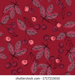 Tasty, juicy cherries. Seamless background from a blooming garden with fruits and leaves. Background design for packaging, paper, textile, eco products. Vector graphics in the style of hand-drawing.