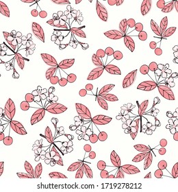 Tasty, juicy cherries. Seamless background from a blooming garden with fruits and leaves. Background design for packaging, paper, textile, eco products. Vector graphics in the style of hand-drawing.
