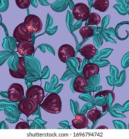 Tasty, juicy figs. Seamless pattern of fruits and leaves. Background design for packaging, paper, textile, eco products, oriental sweets. Vector graphics in the style of hand-drawing.