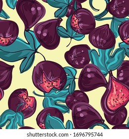 Higos deliciosos y jugosos. Patrón transparente de frutas y hojas. Diseño de fondo para empaque, papel, textiles, productos ecológicos, dulces orientales. Gráficos vectoriales en el estilo de dibujo a mano.
