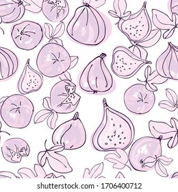 Tasty, juicy figs. Seamless pattern of fruits and leaves. Background design for packaging, paper, textile, eco products, oriental sweets. Vector graphics in the style of hand-drawing.