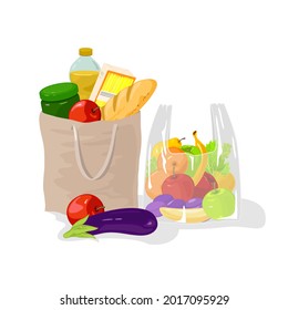 Tasty juicy fruits and vegetables in eco bags. Vector fresh baked bread, vegetarian food, farm organic products, cooking at home idea isolated on white background