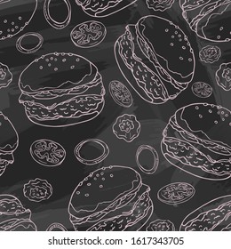 Tasty juicy greasy cheeseburger. American cuisine. Burger with beef patty, ketchup, pickled cucumbers and onions, melted cheese. Fast food. Hand drawing. Chalk board. Seamless background with pattern.