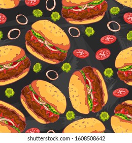 Tasty juicy greasy hamburger. American cuisine. Burger with beef patty, ketchup, pickled cucumbers and onions. Fast food. Hand drawing. Chalk board. Seamless background with pattern.