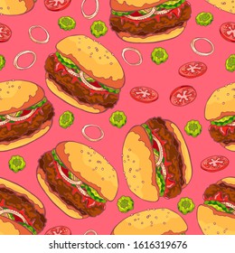 Tasty juicy greasy hamburger. American cuisine. Burger with beef patty, ketchup, pickled cucumbers and onions. Fast food. Hand drawing. Seamless background with pattern.