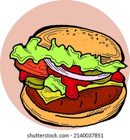 Tasty juicy hamburger for fast food lunch, outdoor picnic. Junk food sandwich with meat in cafe menu, restaurant kitchen. Hand drawn retro vintage vector illustration. Comics cartoon style drawing. 