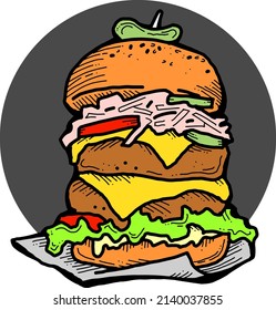 Tasty juicy hamburger for fast food lunch, outdoor picnic. Junk food sandwich with meat in cafe menu, restaurant kitchen. Hand drawn retro vintage vector illustration. Comics cartoon style drawing. 