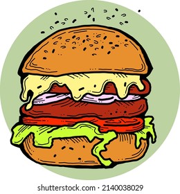 Tasty juicy hamburger for fast food lunch, outdoor picnic. Junk food sandwich with meat in cafe menu, restaurant kitchen. Hand drawn retro vintage vector illustration. Comics cartoon style drawing. 