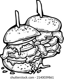 Tasty juicy hamburger for fast food lunch, outdoor picnic. Junk food sandwich with meat in cafe menu, restaurant kitchen. Hand drawn retro vintage vector illustration. Comics cartoon style drawing. 
