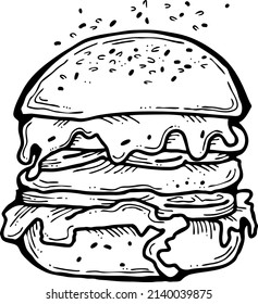 Tasty juicy hamburger for fast food lunch, outdoor picnic. Junk food sandwich with meat in cafe menu, restaurant kitchen. Hand drawn retro vintage vector illustration. Comics cartoon style drawing. 