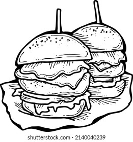 Tasty juicy hamburger for fast food lunch, outdoor picnic. Junk food sandwich with meat in cafe menu, restaurant kitchen. Hand drawn retro vintage vector illustration. Comics cartoon style drawing. 