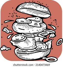 Tasty juicy hamburger for fast food lunch, outdoor picnic. Junk food sandwich with meat in cafe menu, restaurant kitchen. Hand drawn retro vintage vector illustration. Comics cartoon style drawing. 