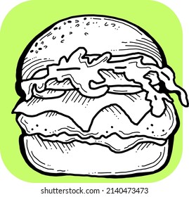 Tasty juicy hamburger for fast food lunch, outdoor picnic. Junk food sandwich with meat in cafe menu, restaurant kitchen. Hand drawn retro vintage vector illustration. Comics cartoon style drawing. 