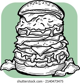 Tasty juicy hamburger for fast food lunch, outdoor picnic. Junk food sandwich with meat in cafe menu, restaurant kitchen. Hand drawn retro vintage vector illustration. Comics cartoon style drawing. 