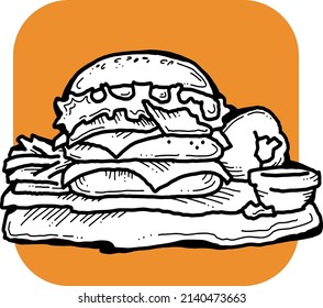 Tasty juicy hamburger for fast food lunch, outdoor picnic. Junk food sandwich with meat in cafe menu, restaurant kitchen. Hand drawn retro vintage vector illustration. Comics cartoon style drawing. 