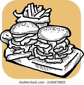Tasty juicy hamburger for fast food lunch, outdoor picnic. Junk food sandwich with meat in cafe menu, restaurant kitchen. Hand drawn retro vintage vector illustration. Comics cartoon style drawing. 
