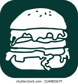 Tasty juicy hamburger for fast food lunch, outdoor picnic. Junk food sandwich with meat in cafe menu, restaurant kitchen. Hand drawn retro vintage vector illustration. Comics cartoon style drawing. 