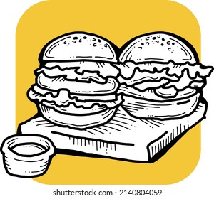 Tasty juicy hamburger for fast food lunch, outdoor picnic. Junk food sandwich with meat in cafe menu, restaurant kitchen. Hand drawn retro vintage vector illustration. Comics cartoon style drawing. 