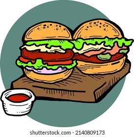 Tasty juicy hamburger for fast food lunch, outdoor picnic. Junk food sandwich with meat in cafe menu, restaurant kitchen. Hand drawn retro vintage vector illustration. Comics cartoon style drawing. 