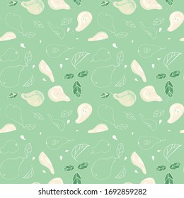 Tasty, juicy pears. Seamless pattern of fruits and leaves. Background design for packaging, paper, textile, fabric, eco products, fruit shops. Vector graphics in the style of hand-drawing. Doodle.
