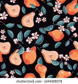 Peras deliciosas y jugosas. Patrón transparente de frutas y hojas. Diseño de fondo para embalaje, papel, textiles, tela, productos ecológicos, frutales. Gráficos vectoriales en el estilo de dibujo a mano. Doodle.