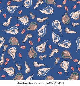 Tasty, juicy pears. Seamless pattern of fruits and leaves. Background design for packaging, paper, textile, fabric, eco products, fruit shops. Vector graphics in the style of hand-drawing. Doodle.