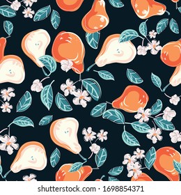 Tasty, juicy pears. Seamless pattern of fruits and leaves. Background design for packaging, paper, textile, fabric, eco products, fruit shops. Vector graphics in the style of hand-drawing. Doodle.