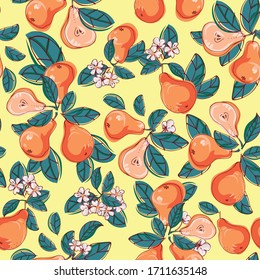 Tasty, juicy pears. Seamless pattern of fruits and leaves. Background design for packaging, paper, textile, fabric, eco products, fruit shops. Vector graphics in the style of hand-drawing. Doodle.