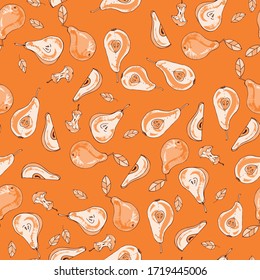 Tasty, juicy pears. Seamless pattern of fruits and leaves. Background design for packaging, paper, textile, fabric, eco products, fruit shops. Vector graphics in the style of hand-drawing. Doodle.