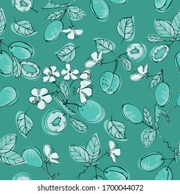 Tasty, juicy plums. Seamless pattern of fruits and leaves. Background design for packaging, paper, textile, fabric, eco products, fruit shops. Vector graphics in the style of hand-drawing. Doodle.