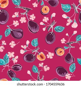 Tasty, juicy plums. Seamless pattern of a blooming orchard with fruits and leaves. Background design for packaging, paper, textile, fabric, eco products. Vector graphics in the style of hand-drawing.