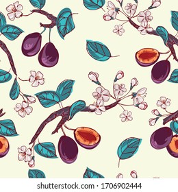 Tasty, juicy plums. Seamless pattern of a blooming orchard with fruits and leaves. Background design for packaging, paper, textile, fabric, eco products. Vector graphics in the style of hand-drawing.