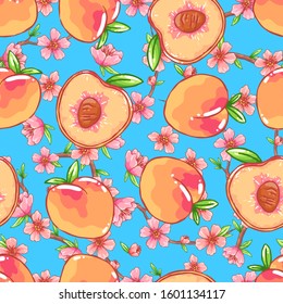 Tasty juicy spring ripe orange peach cut in half with a stone. Organic fruit. Peach tree branch with blooming pink flowers and green leaves. Seamless background with pattern.