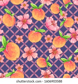 Tasty juicy spring ripe orange peach. Organic fruit. Peach tree branch with blooming pink flowers and green leaves. Seamless background with pattern.