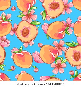 Tasty juicy spring ripe orange peach cut in half with a stone. Organic fruit. Peach tree branch with blooming pink flowers and green leaves. Seamless background with pattern.