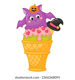 Tasty kawaii bat shaped ice cream in cone with witch hat and pumpkin on head cartoon for halloween