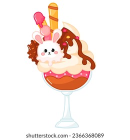 Tasty kawaii bunny shaped ice cream in glass with chocolate topping and cream cartoon