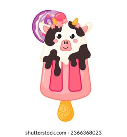Tasty kawaii cow shaped ice cream on stick with macaroon cookie cartoon for summer