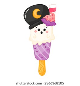 Tasty kawaii ghost shaped ice cream on stick with cauldron on head and cream with bat cartoon for halloween