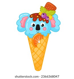 Tasty kawaii koala shaped ice cream in cone with chocolate bar and berry cartoon for summer