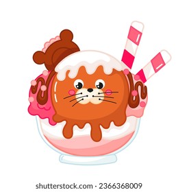 Tasty kawaii seal shaped ice cream in glass with chocolate biscuit and candy cane cartoon for summer