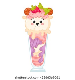 Tasty kawaii sheep shaped ice cream in glass with strawberry cartoon for summer