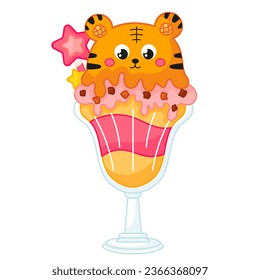 Tasty kawaii tiger shaped ice cream in glass with chocolate crisps and stars cartoon for summer
