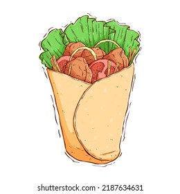 Tasty Kebab, Burrito. Shawarma Sandwich With Colored Hand Drawing Style