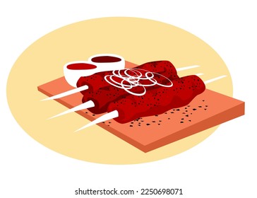 tasty kebab with onions and sauces. Vector image for prints, poster and illustrations.